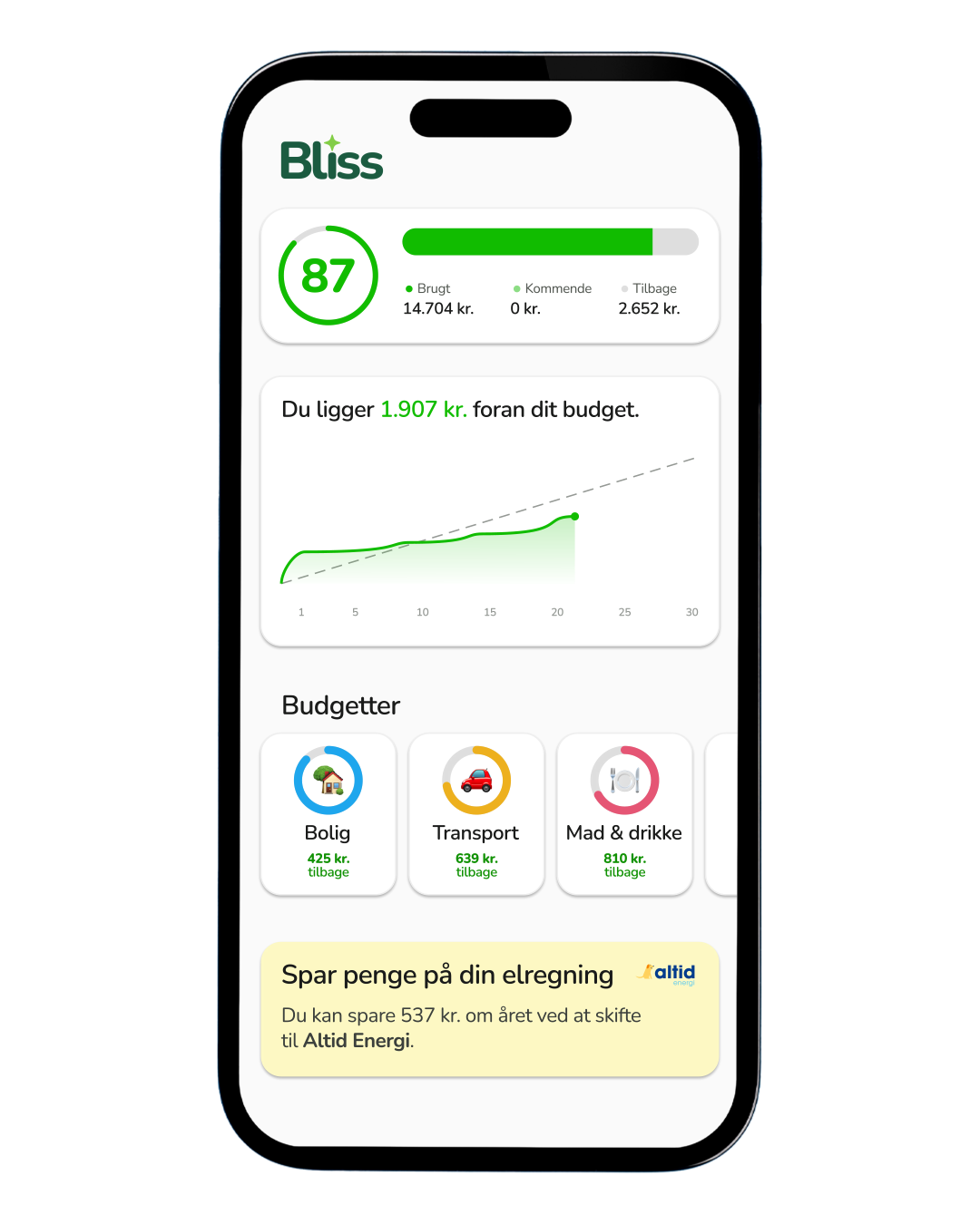 Bliss-appen viser Altid Energi-anbefalingen: spar penge på din elregning